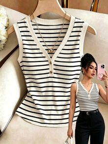 RosyDaze Tank Top Bergaris dengan Kancing Setengah Plaket untuk Liburan Wanita - Aprikot - View 1