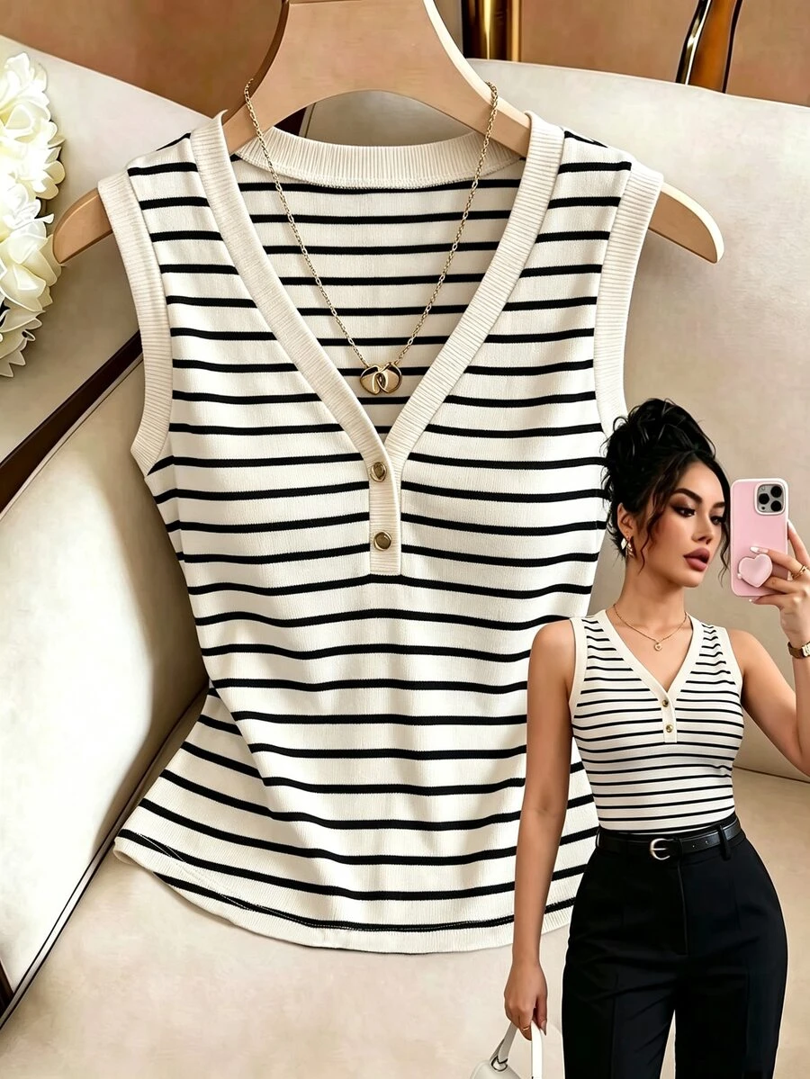 RosyDaze Tank Top Bergaris dengan Kancing Setengah Plaket untuk Liburan Wanita - Aprikot - View 1