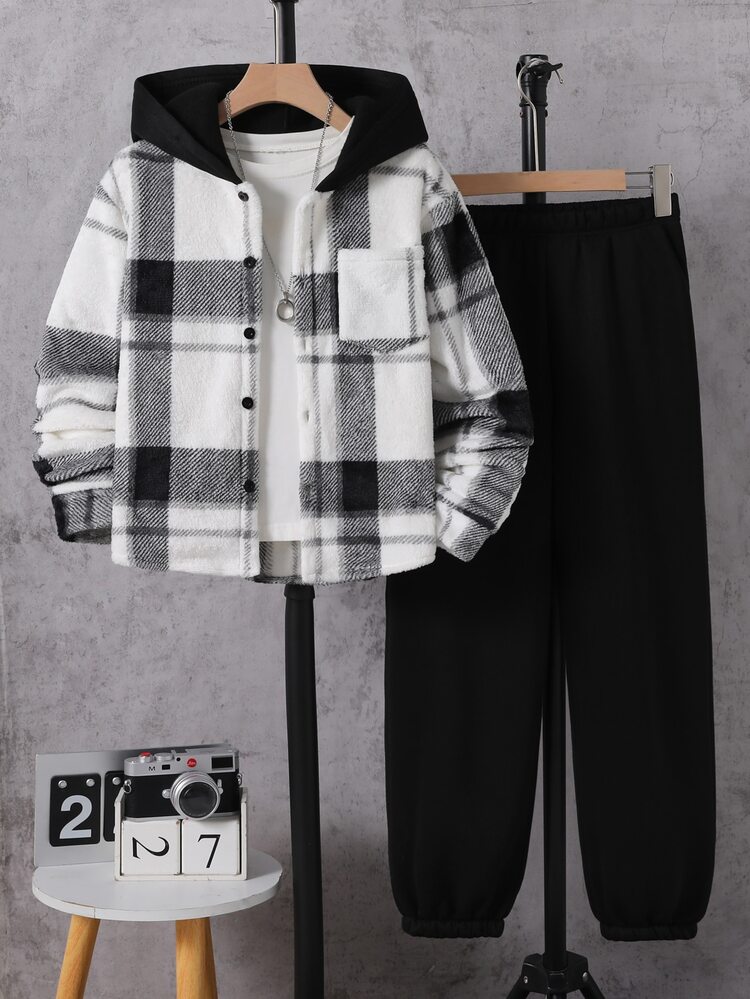 SHEIN Boys' Plaid Hooded Half-Zip Top And Cuffed Sweatpants Casual 2-Piece Set - Black and White - View 1