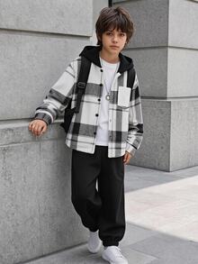 SHEIN 男童格紋連帽半拉鍊上衣與束口運動長褲休閒兩件套 - 黑與白 - 查看 9
