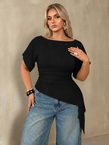 Auralis Plus Size Women Solid Color Slim Fit Versatile Daily Casual T-Shirt - Black - View 5
