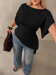 Auralis Plus Size Women Solid Color Slim Fit Versatile Daily Casual T-Shirt - Black - View 2