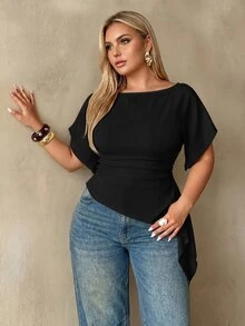 Auralis Plus Size Women Solid Color Slim Fit Versatile Daily Casual T-Shirt - Black - View 1