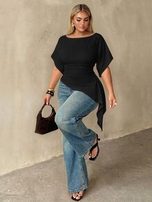 Auralis Plus Size Women Solid Color Slim Fit Versatile Daily Casual T-Shirt - Black - View 4