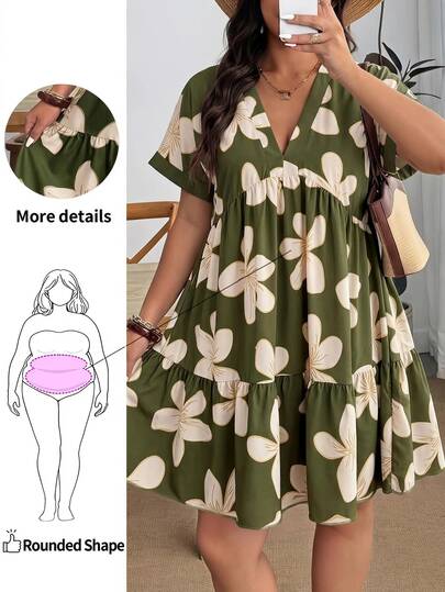 Enliva Vestido mini de manga corta con estampado casual de verano para mujer de talla grande, vacaciones, verde oliva, margarita, primavera, boda en la playa