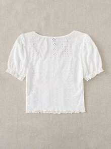 SHEIN EZwear Plus Eyelet Embroidery Frill Puff Sleeve Lettuce Trim Tee - White - View 2