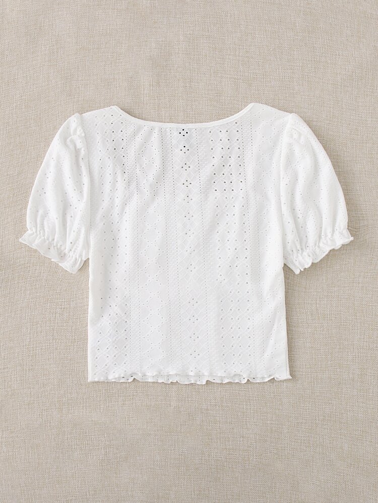SHEIN EZwear Plus Eyelet Embroidery Frill Puff Sleeve Lettuce Trim Tee - White - View 2