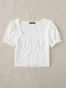 SHEIN EZwear Plus Eyelet Embroidery Frill Puff Sleeve Lettuce Trim Tee - White - View 4