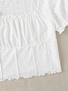 SHEIN EZwear Plus Eyelet Embroidery Frill Puff Sleeve Lettuce Trim Tee - White - View 3