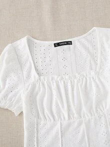 SHEIN EZwear Plus Eyelet Embroidery Frill Puff Sleeve Lettuce Trim Tee - White - View 5