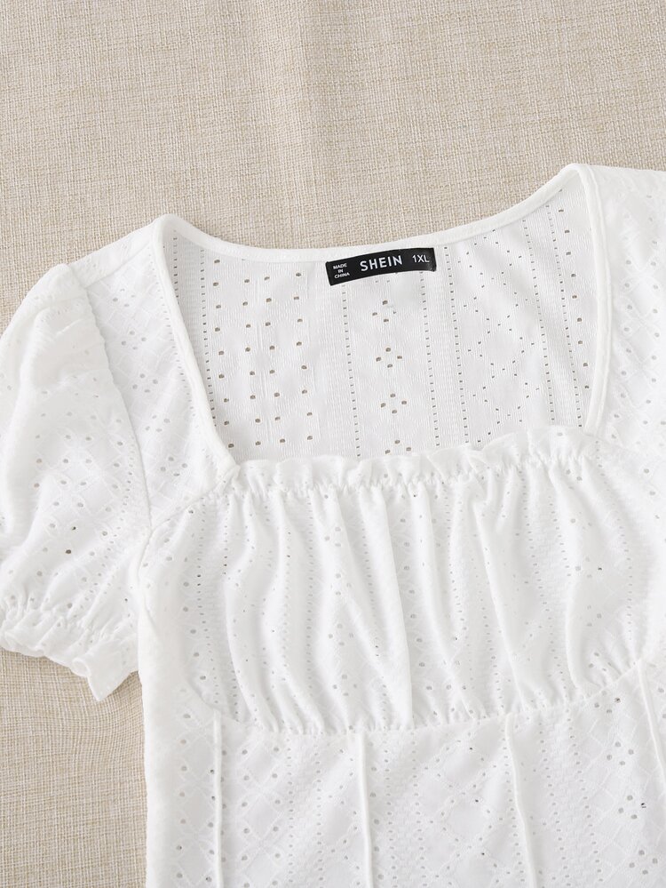 SHEIN EZwear Plus Eyelet Embroidery Frill Puff Sleeve Lettuce Trim Tee - White - View 5