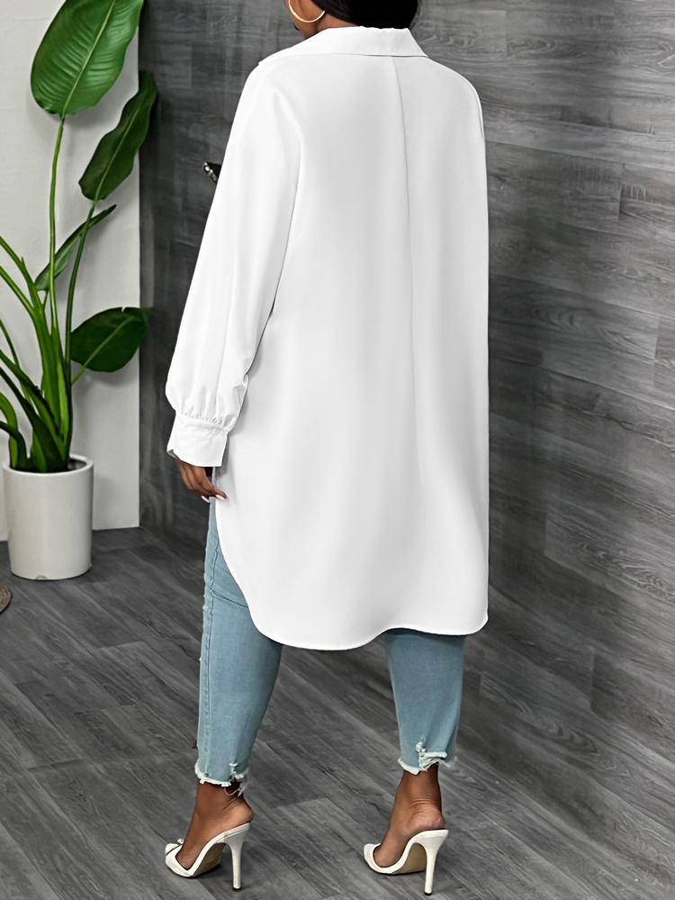 Slaydiva Elegant Casual Commute Office Business Evening Party Daily Loose Solid White Women's Plus Size Long Shirt Lantern Sleeves Curved Hem Autumn - White - View 2
