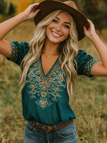 EMERY ROSE Women's Summer French Boho Retro Bohemian V-Neck Petal Sleeve Top Brunch Vacation Dark Teal - Army Green - View 5