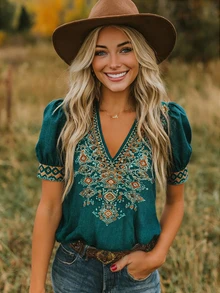 EMERY ROSE Women's Summer French Boho Retro Bohemian V-Neck Petal Sleeve Top Brunch Vacation Dark Teal - Army Green - View 3