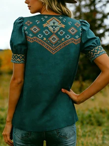EMERY ROSE Women's Summer French Boho Retro Bohemian V-Neck Petal Sleeve Top Brunch Vacation Dark Teal - Army Green - View 2