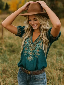 EMERY ROSE Women's Summer French Boho Retro Bohemian V-Neck Petal Sleeve Top Brunch Vacation Dark Teal - Army Green - View 7
