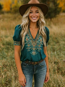 EMERY ROSE Women's Summer French Boho Retro Bohemian V-Neck Petal Sleeve Top Brunch Vacation Dark Teal - Army Green - View 4