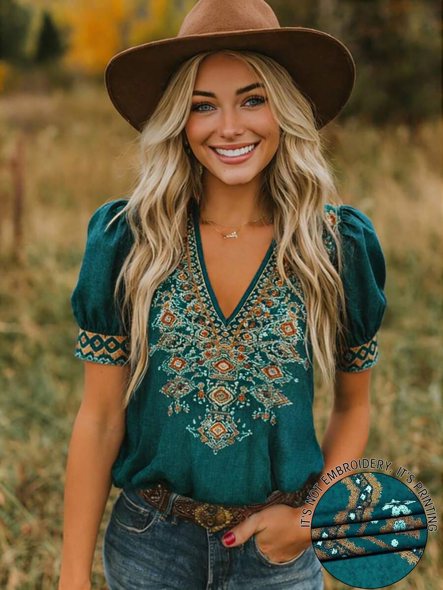 EMERY ROSE Women's Summer French Boho Retro Bohemian V-Neck Petal Sleeve Top Brunch Vacation Dark Teal - Army Green - View 1