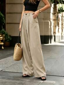 SHEIN PariChic Women's Casual Button Pocket Pleated Loose Long Pants - Khaki - View 4
