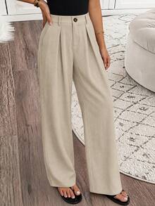 SHEIN PariChic Women's Casual Button Pocket Pleated Loose Long Pants - Khaki - View 1