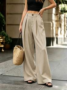 SHEIN PariChic Women's Casual Button Pocket Pleated Loose Long Pants - Khaki - View 3