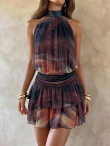 Aloruh Vintage Digital Print Polyester Mesh Halter Neck Sleeveless Dress For Women, Cinched Waist With Tie Back, Open Back Design, Double Layer Ruffle Hem Short Dress, Elegant Sexy Style - Multicolor - View 2