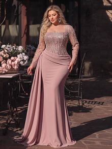 Glamrae Plus Size Elegant Lotus Pink Long Sleeve Sheer Luxury 3D Sequin Patchwork Asymmetrical Pleated Slimming Top, High Waist Slimming Front Flap, Suitable For Date, Vacation, Single Party, Wedding Events, All Formal Occasions, Women's Evening Dress - Pink - View 7