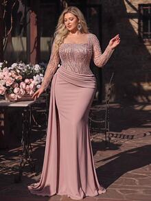 Glamrae Plus Size Elegant Lotus Pink Long Sleeve Sheer Luxury 3D Sequin Patchwork Asymmetrical Pleated Slimming Top, High Waist Slimming Front Flap, Suitable For Date, Vacation, Single Party, Wedding Events, All Formal Occasions, Women's Evening Dress - Pink - View 6