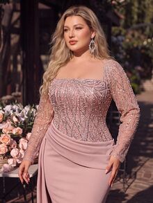 Glamrae Plus Size Elegant Lotus Pink Long Sleeve Sheer Luxury 3D Sequin Patchwork Asymmetrical Pleated Slimming Top, High Waist Slimming Front Flap, Suitable For Date, Vacation, Single Party, Wedding Events, All Formal Occasions, Women's Evening Dress - Pink - View 2