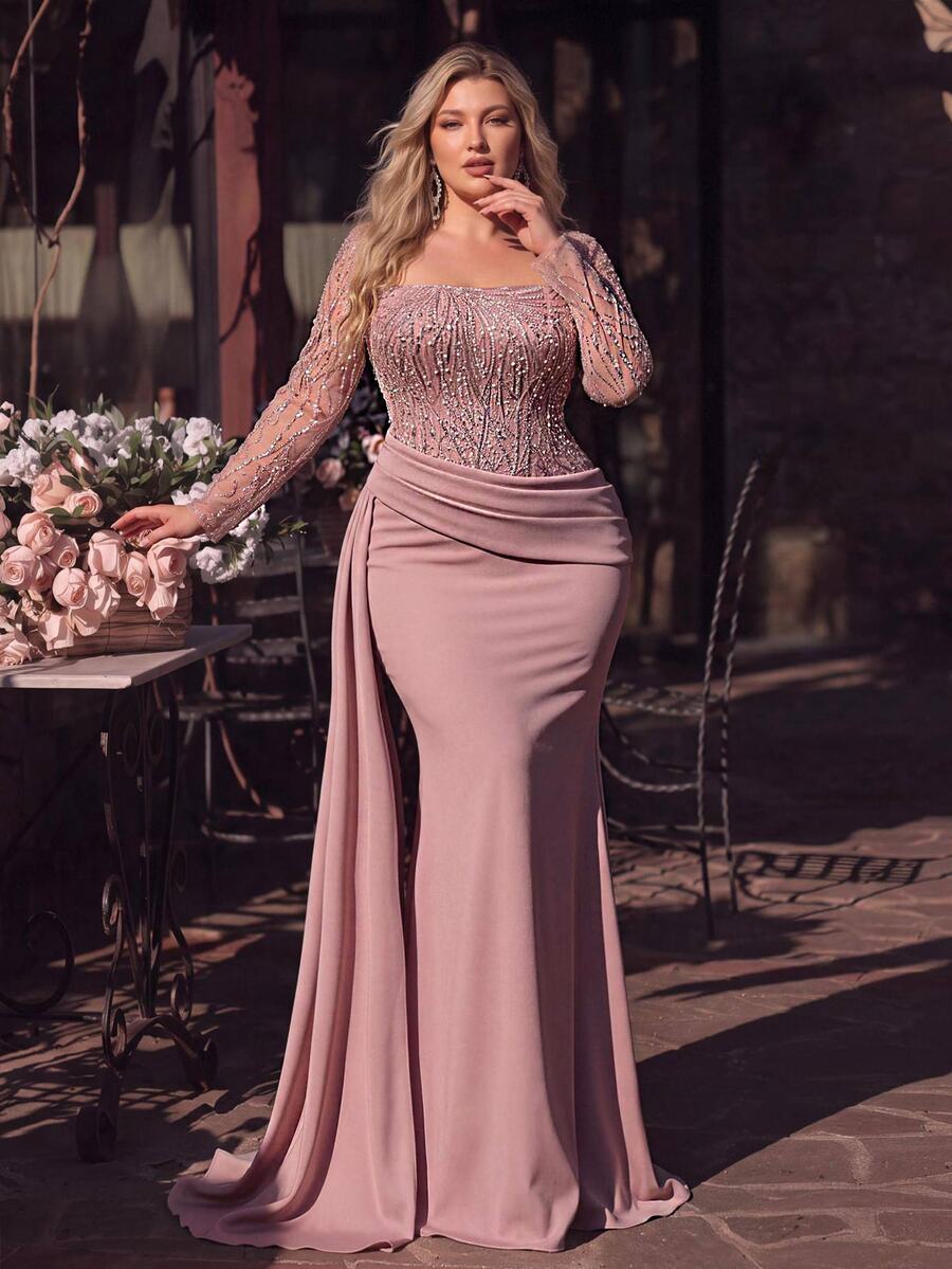 Glamrae Plus Size Elegant Lotus Pink Long Sleeve Sheer Luxury 3D Sequin Patchwork Asymmetrical Pleated Slimming Top, High Waist Slimming Front Flap, Suitable For Date, Vacation, Single Party, Wedding Events, All Formal Occasions, Women's Evening Dress - Pink - View 1