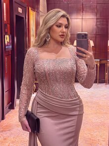 Glamrae Plus Size Elegant Lotus Pink Long Sleeve Sheer Luxury 3D Sequin Patchwork Asymmetrical Pleated Slimming Top, High Waist Slimming Front Flap, Suitable For Date, Vacation, Single Party, Wedding Events, All Formal Occasions, Women's Evening Dress - Pink - View 4