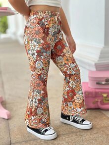 SHEIN 少女休閒舒適中腰花卉印花喇叭褲，適合學校、返校、運動與休閒 - 彩色 - 查看 3