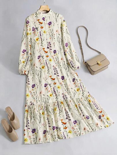 Al Najma Women's Casual Ditsy Floral Modest Long Sleeve Arabian Long Dress