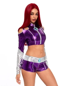 ROMWE Anime Kostum Cosplay Halloween Star Fire, Atasan Crop Warna Kontras PU & Celana Pendek Mini Pinggang Sangat Rendah untuk Wanita, Set 2 Potong - Purple - View 5