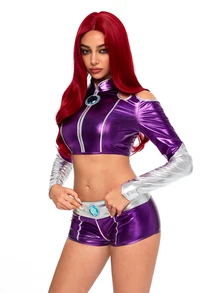 ROMWE Anime Kostum Cosplay Halloween Star Fire, Atasan Crop Warna Kontras PU & Celana Pendek Mini Pinggang Sangat Rendah untuk Wanita, Set 2 Potong - Purple - View 9