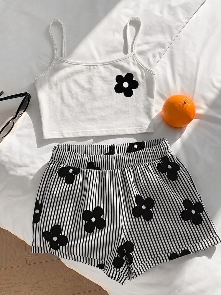Tween Girls Camisole Tank Top And Drawstring Shorts Set, Black And White Floral Stripe Print, Suitable For Summer, Girls Camisole, Suitable For Spring And Summer, Easy And Comfortable, Family Outing Season, Family Outing, Simple Casual Wear, Home Renewal, Comfortable And Easy To Wear, Easy Sports - Multicolor - View 3