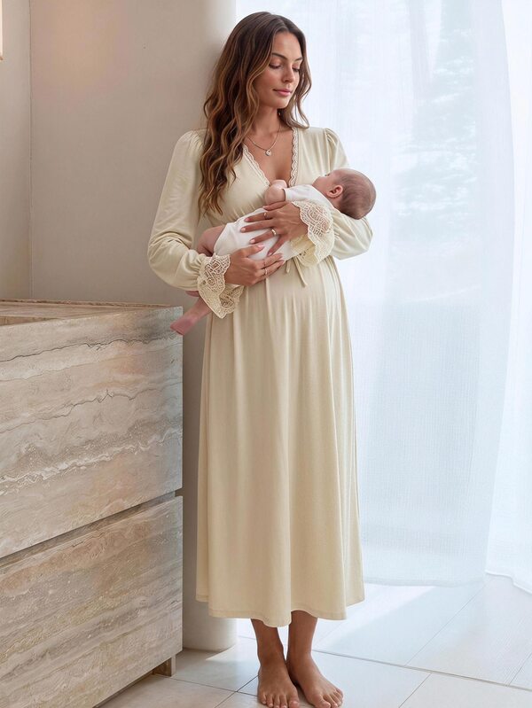 Slowluna Maternity Solid Color Contrast Lace Waist Tie Elegant Dress