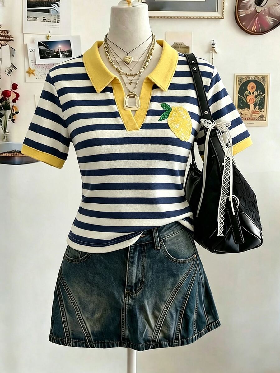 Resyla Women's Casual Striped Trim Lemon Print Polo Collar Short Sleeve Top, Summer - White - View 1