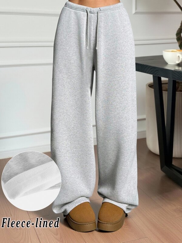 SHEIN Tween Girls Autumn And Winter Thermal Lined Thickened Simple Drawstring Loose Sports Straight Pants Floral Gray Sports Sweatpants, Casual Daily Wear