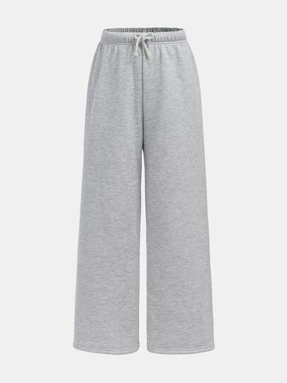 SHEIN Tween Girls Autumn And Winter Thermal Lined Thickened Simple Drawstring Loose Sports Straight Pants Floral Gray Sports Sweatpants, Casual Daily Wear