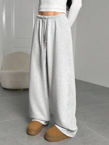 SHEIN Tween Girls Autumn And Winter Thermal Lined Thickened Simple Drawstring Loose Sports Straight Pants Floral Gray Sports Sweatpants, Casual Daily Wear - Light Grey - View 5