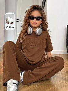 SHEIN 女童針織素色圓領休閒T恤與長褲兩件套 - 咖啡棕 - 查看 6