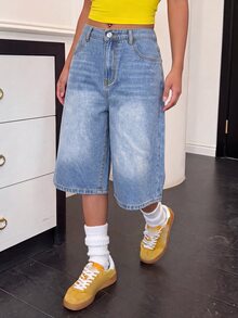 SHEIN 青少年女孩寬鬆休閒百搭七分牛仔褲，附口袋 - 中等水洗藍 - 查看 4
