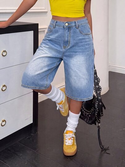 SHEIN Teen Girl Loose Casual Versatile Capri Length Denim Jeans With Pockets