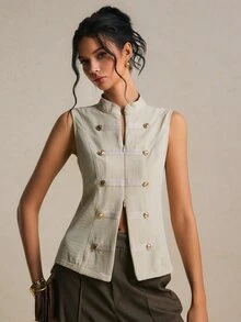 Poéselle 女款軍裝風無袖背心上衣－雙排扣開襟修身馬甲，時尚復古拿破崙夾克層搭外出休閒上衣 - 卡其色 - 查看 1
