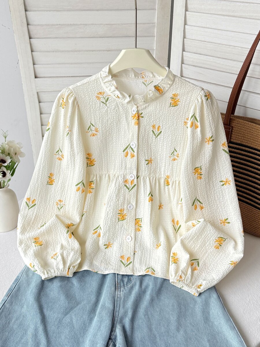 SHEIN 少女時尚可愛飄逸休閒日常上學穿著 梭織碎花長袖襯衫 白色 秋季 - 黃色 - 查看 1