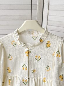 SHEIN 少女時尚可愛飄逸休閒日常上學穿著 梭織碎花長袖襯衫 白色 秋季 - 黃色 - 查看 3