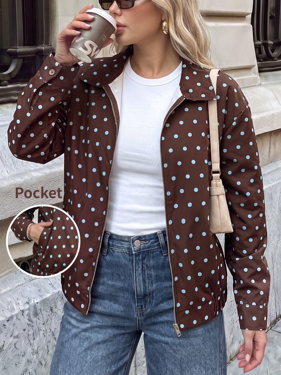 Easowa Curve Jaket Kasual Wanita Ukuran Besar Motif Polkadot Lengan Panjang Resleting Depan untuk Kantor Musim Gugur - Coklat - View 1