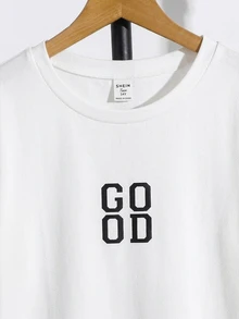 SHEIN 2 Pieces Tween Boys Simple Pure Color Small Letter Clash Texture Dark Short Sleeve T-Shirt - Black and White - View 4