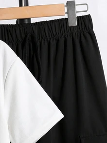 SHEIN 2 Pieces Tween Boys Simple Pure Color Small Letter Clash Texture Dark Short Sleeve T-Shirt - Black and White - View 5